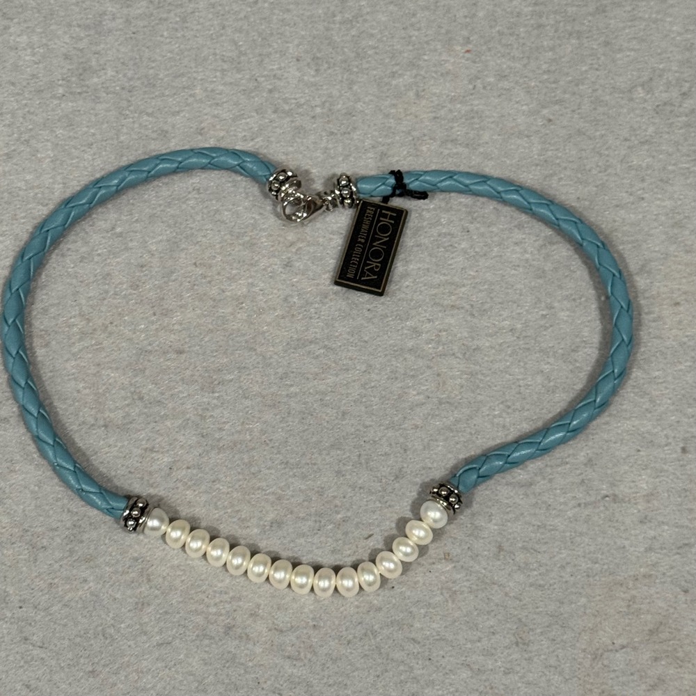 Honora Necklace Women Blue Braided Leather White Freshwater Pearl Silver 925